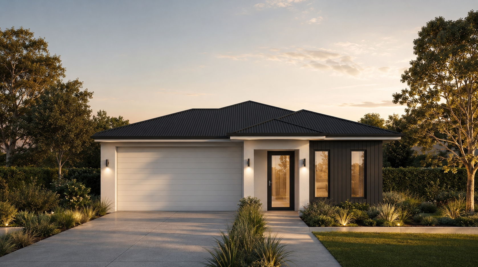 Contemporary single-level accessible home at dusk with a dark hipped roof, double garage, white render, dark vertical cladding and landscaped level entry