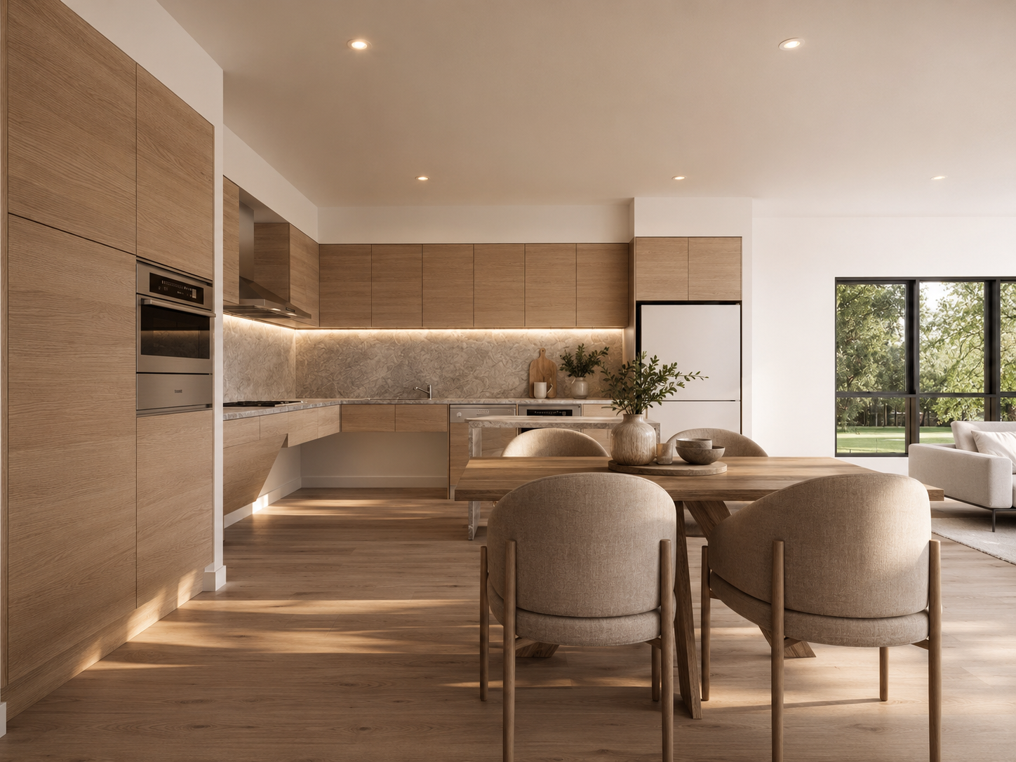 Open-plan accessible kitchen with light oak joinery, stone splashback, a knee-clearance work area and a timber dining table beside full-height glazing