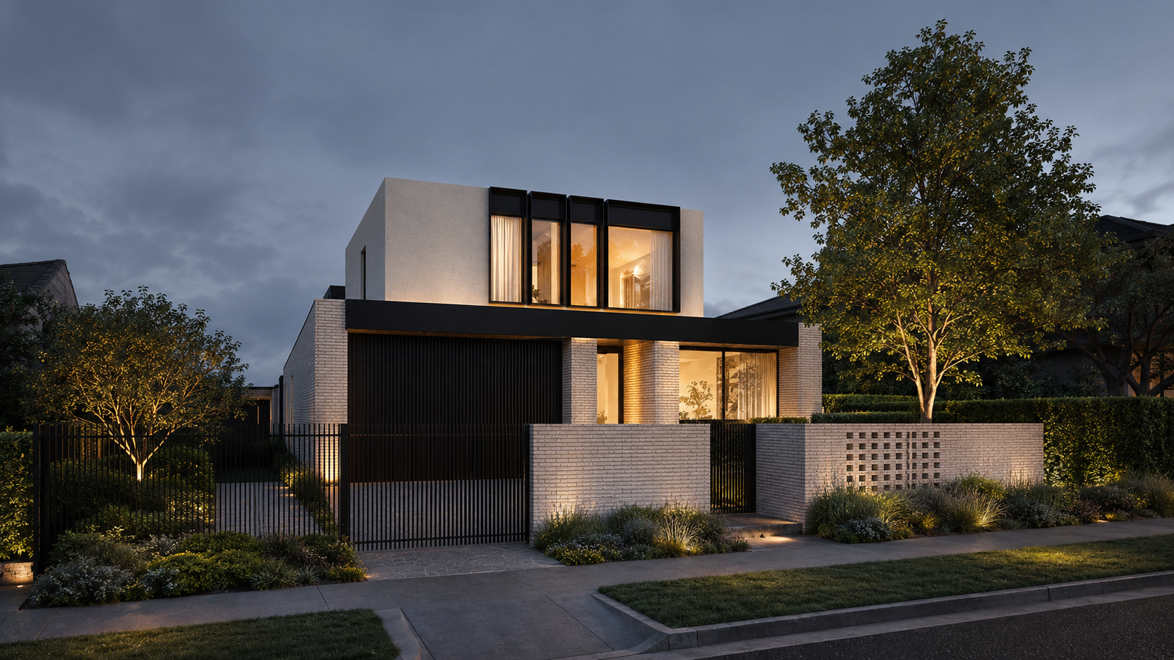 Pale brick two-storey private residence at dusk with a black entry canopy, vertical black garage screen, black-framed upper glazing, perforated brick screen and established landscaping