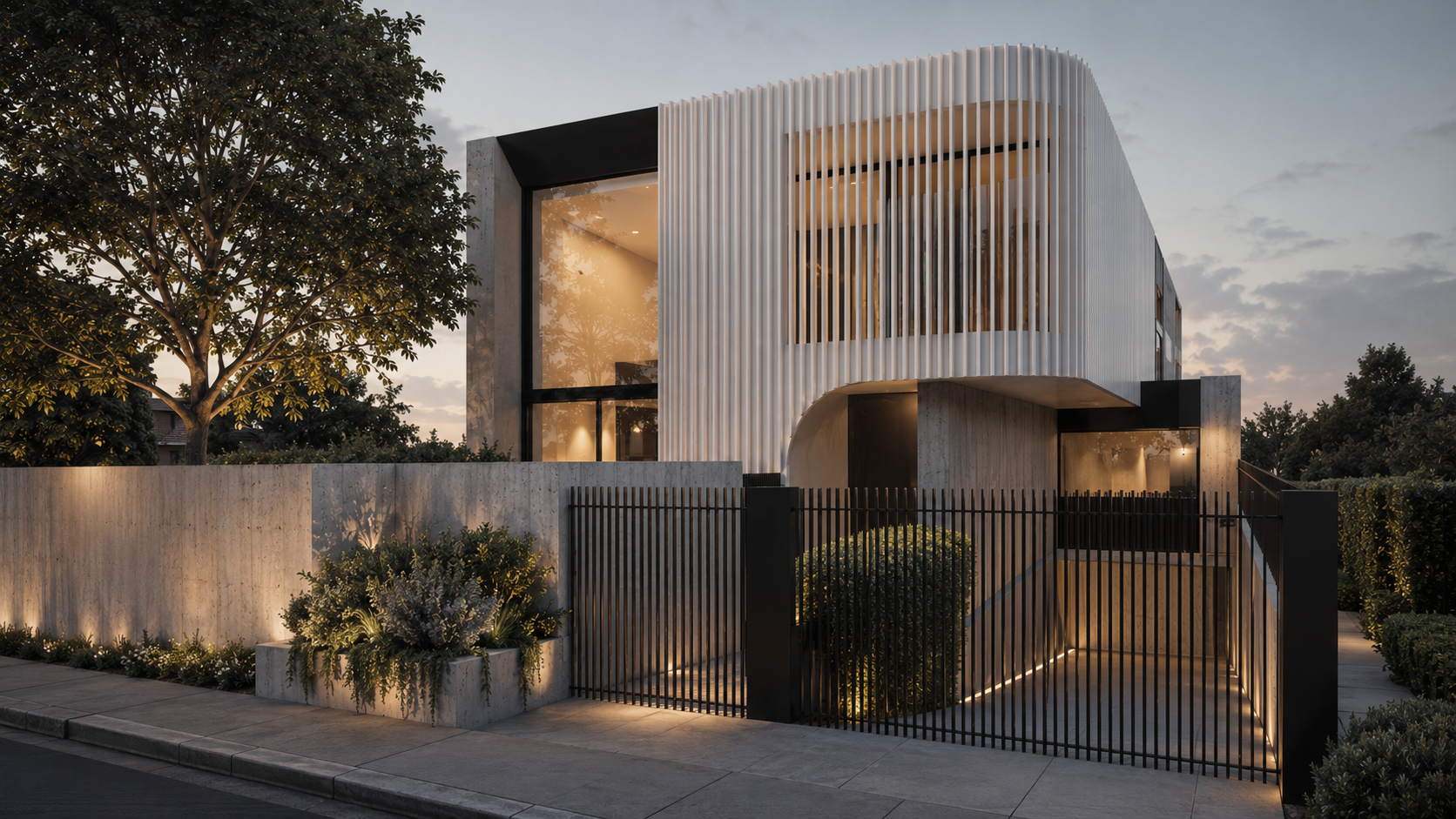 Two-storey private residence at dusk with curved vertical white fins wrapping the upper level above a black glazed volume, concrete boundary wall and black palisade gates